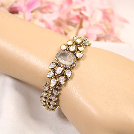 Ivory Oval Cabochon Polki Leaf Kada – wrist view