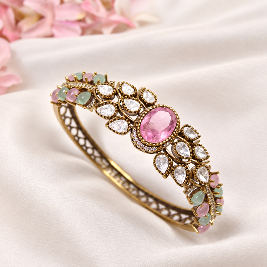 Pastel Pink & Mint Oval Cabochon Polki Leaf Kada — Retouched product hero view from original photographs
