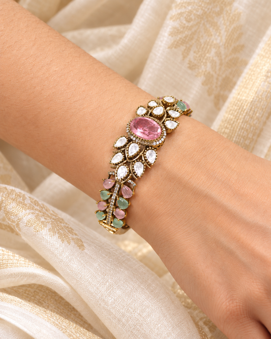 Pastel Pink & Mint Oval Cabochon Polki Leaf Kada — AI-styled model view; fit estimated from original reference photograph