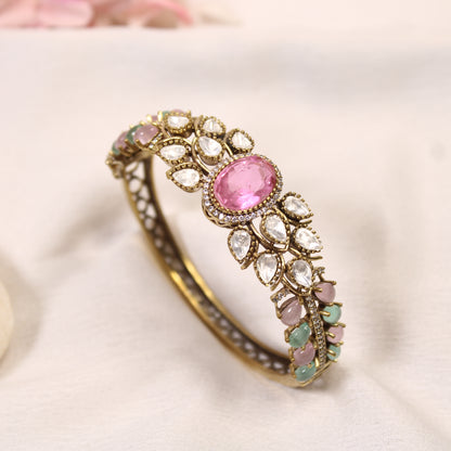 Pastel Pink & Mint Oval Cabochon Polki Leaf Kada – product detail view