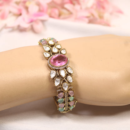 Pastel Pink & Mint Oval Cabochon Polki Leaf Kada – wrist view