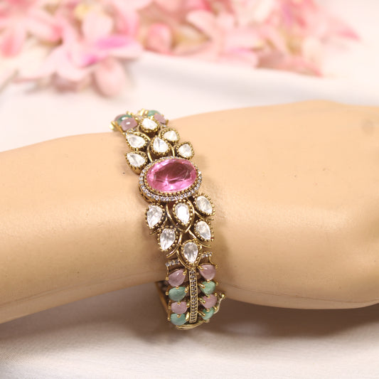 Pastel Pink & Mint Oval Cabochon Polki Leaf Kada – wrist view