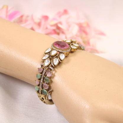 Pastel Pink & Mint Oval Cabochon Polki Leaf Kada – wrist view