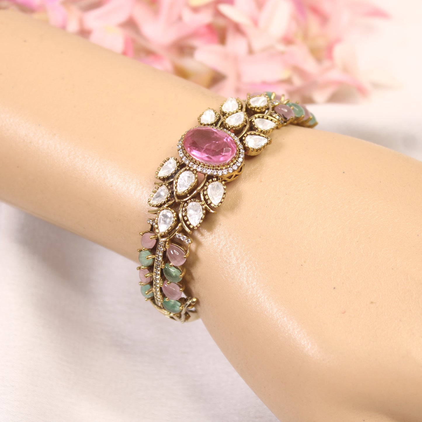 Pastel Pink & Mint Oval Cabochon Polki Leaf Kada – wrist view