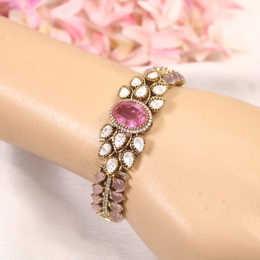 Pastel Pink & Mint Oval Cabochon Polki Leaf Kada – wrist view