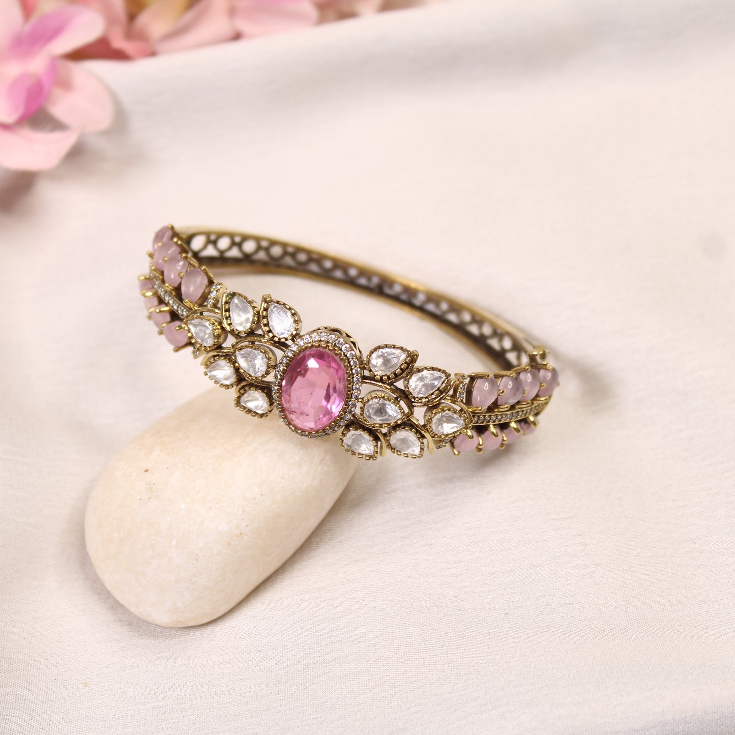 Pastel Pink & Mint Oval Cabochon Polki Leaf Kada – product detail view