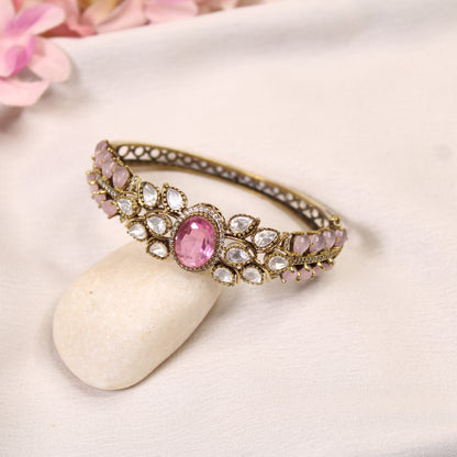 Pastel Pink & Mint Oval Cabochon Polki Leaf Kada – product detail view