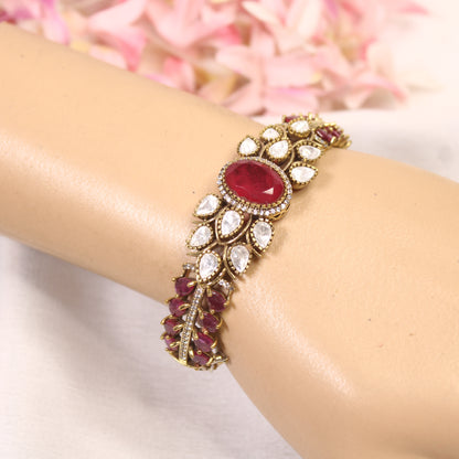 Ruby Red Oval Cabochon Polki Leaf Kada – wrist view