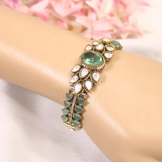 Mint Green Oval Cabochon Polki Leaf Kada – wrist view