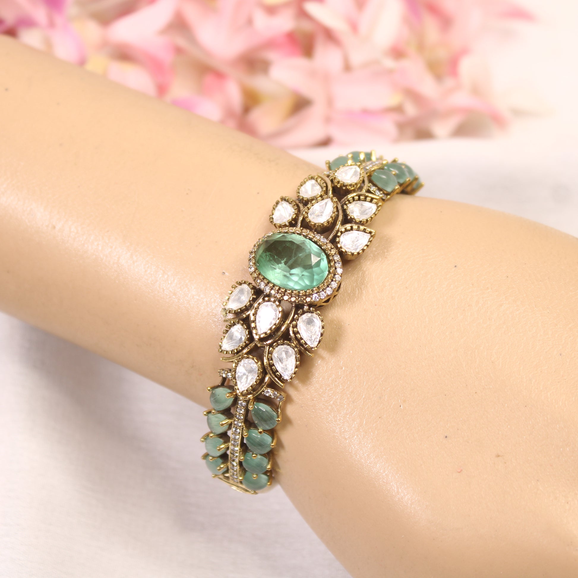 Mint Green Oval Cabochon Polki Leaf Kada – wrist view