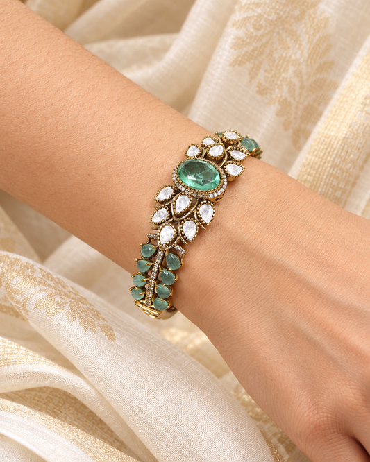 Mint Green Oval Cabochon Polki Leaf Kada — AI-styled model view; fit estimated from original reference photograph