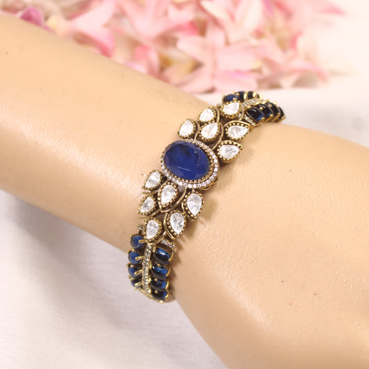 Royal Blue Oval Cabochon Polki Leaf Kada – wrist view