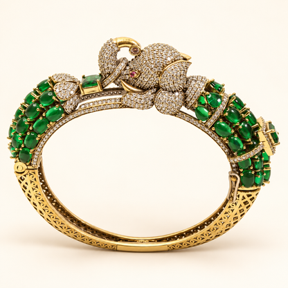 Elephant Motif Stone-Studded Openable Kada - Green - AI-enhanced product close-up