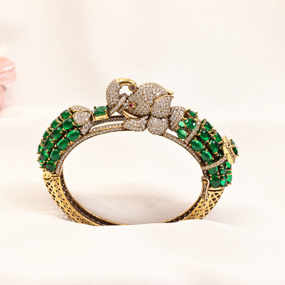 Elephant Motif Stone-Studded Openable Kada - Green — retouched original photograph IMG_7805