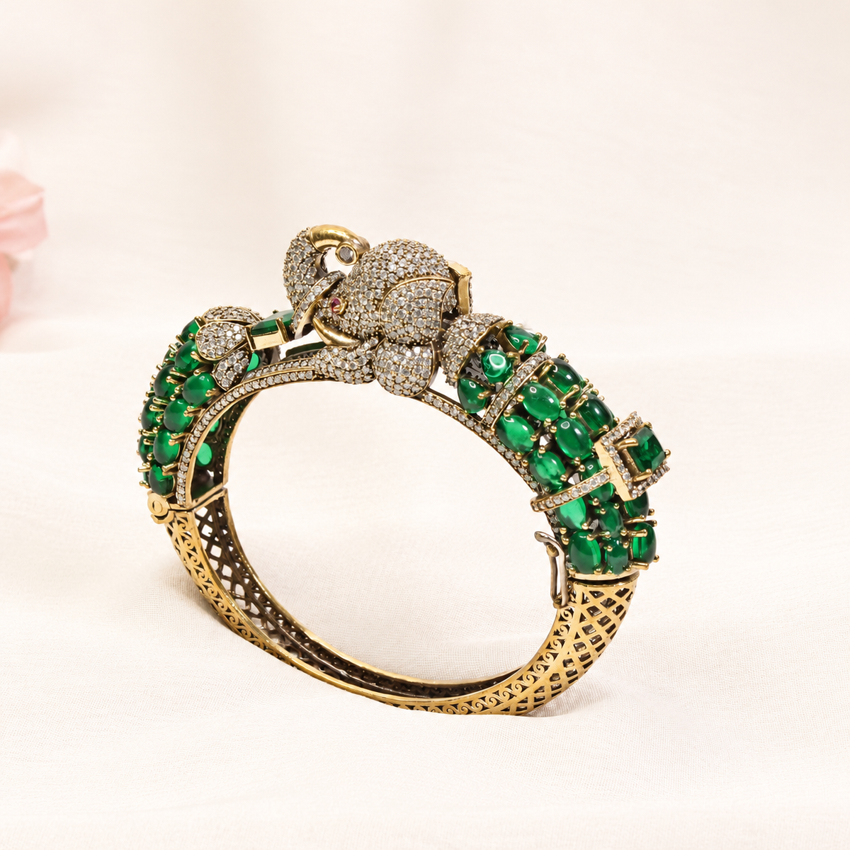 Elephant Motif Stone-Studded Openable Kada - Green — retouched original photograph IMG_7806