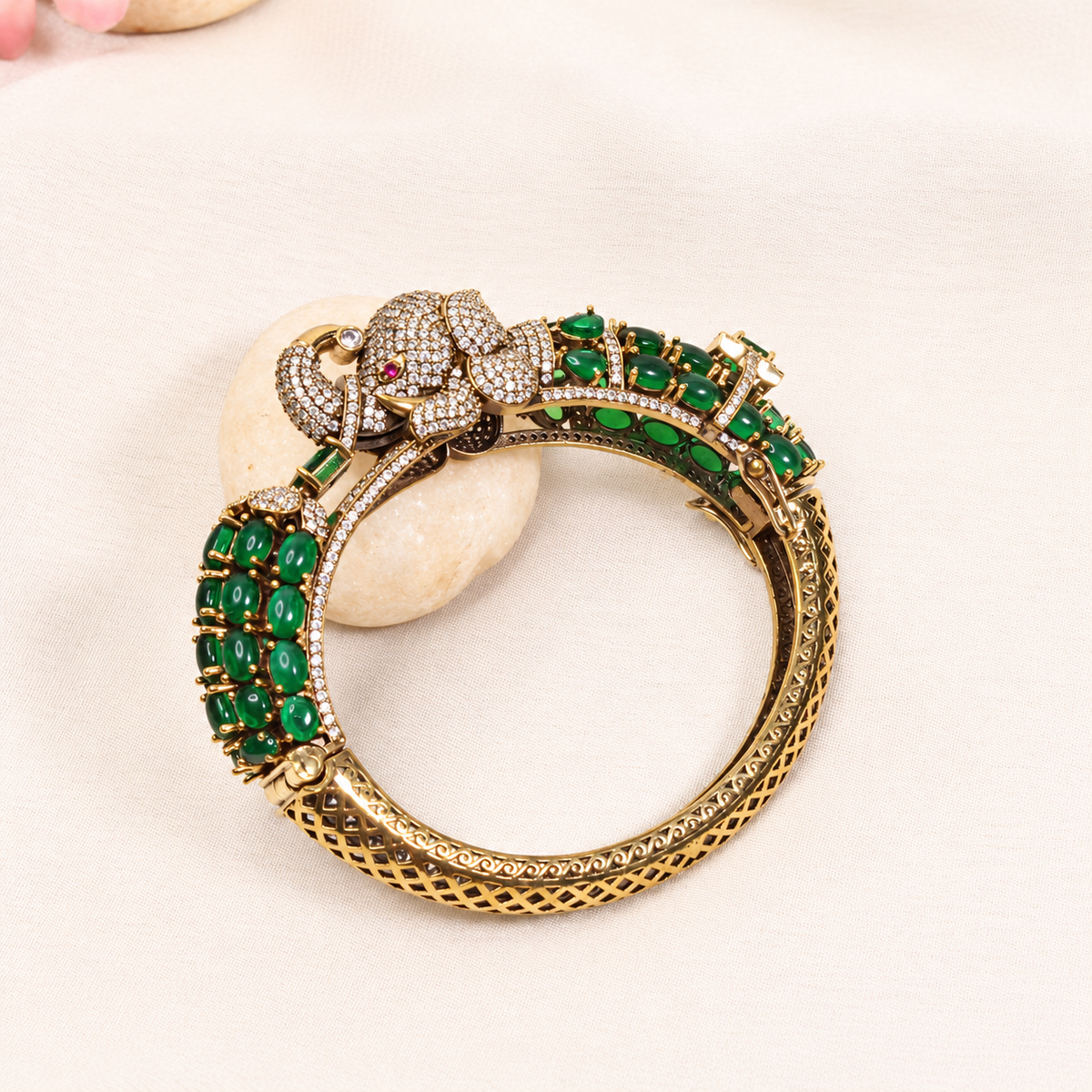 Elephant Motif Stone-Studded Openable Kada - Green — retouched original photograph IMG_7810