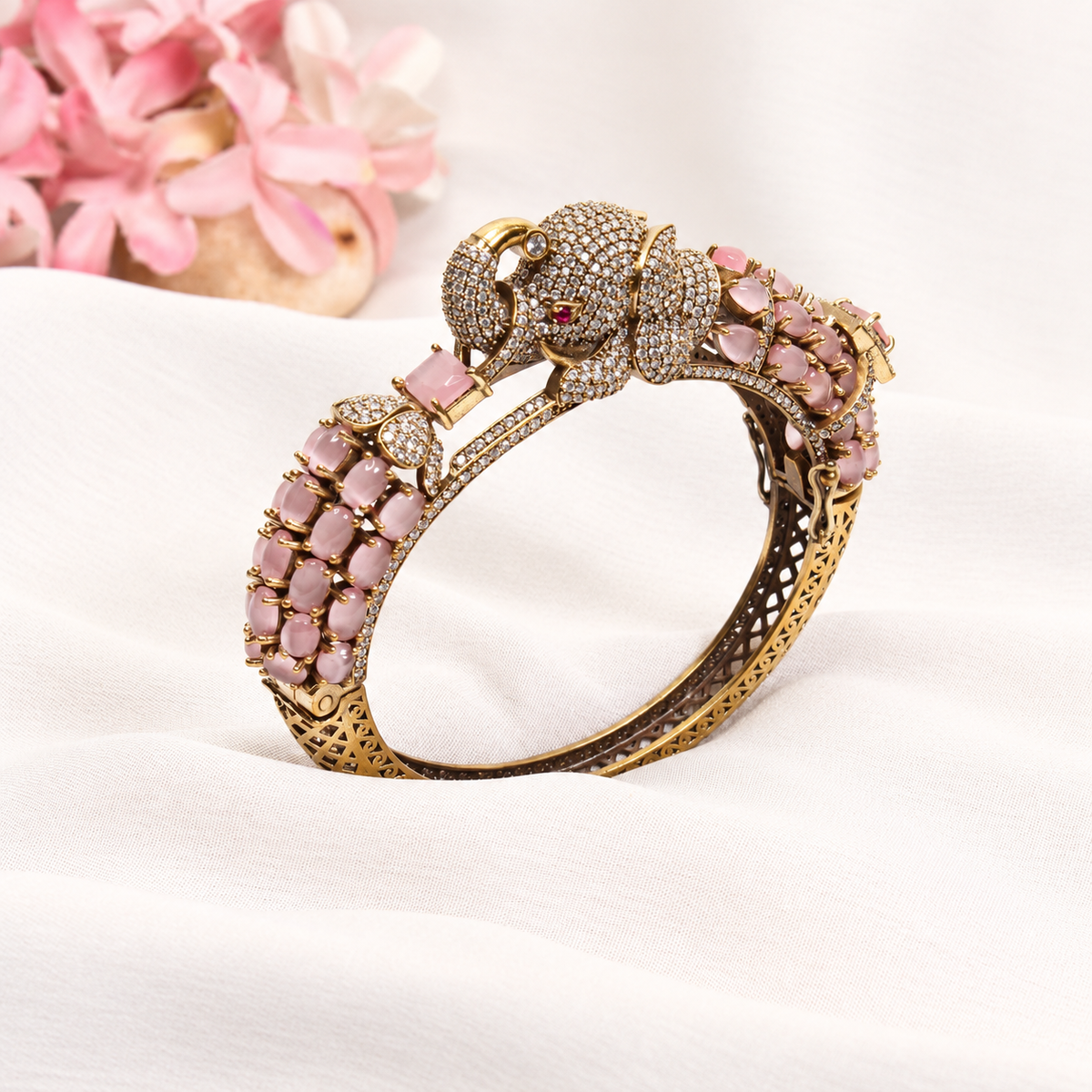 Elephant Motif Stone-Studded Openable Kada - Pink — retouched original photograph IMG_7819