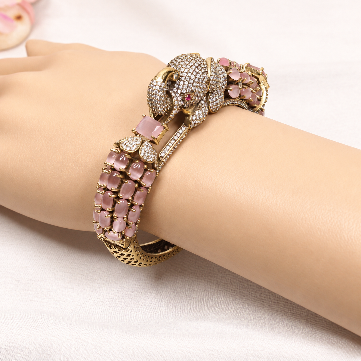 Elephant Motif Stone-Studded Openable Kada - Pink — retouched original photograph IMG_7821