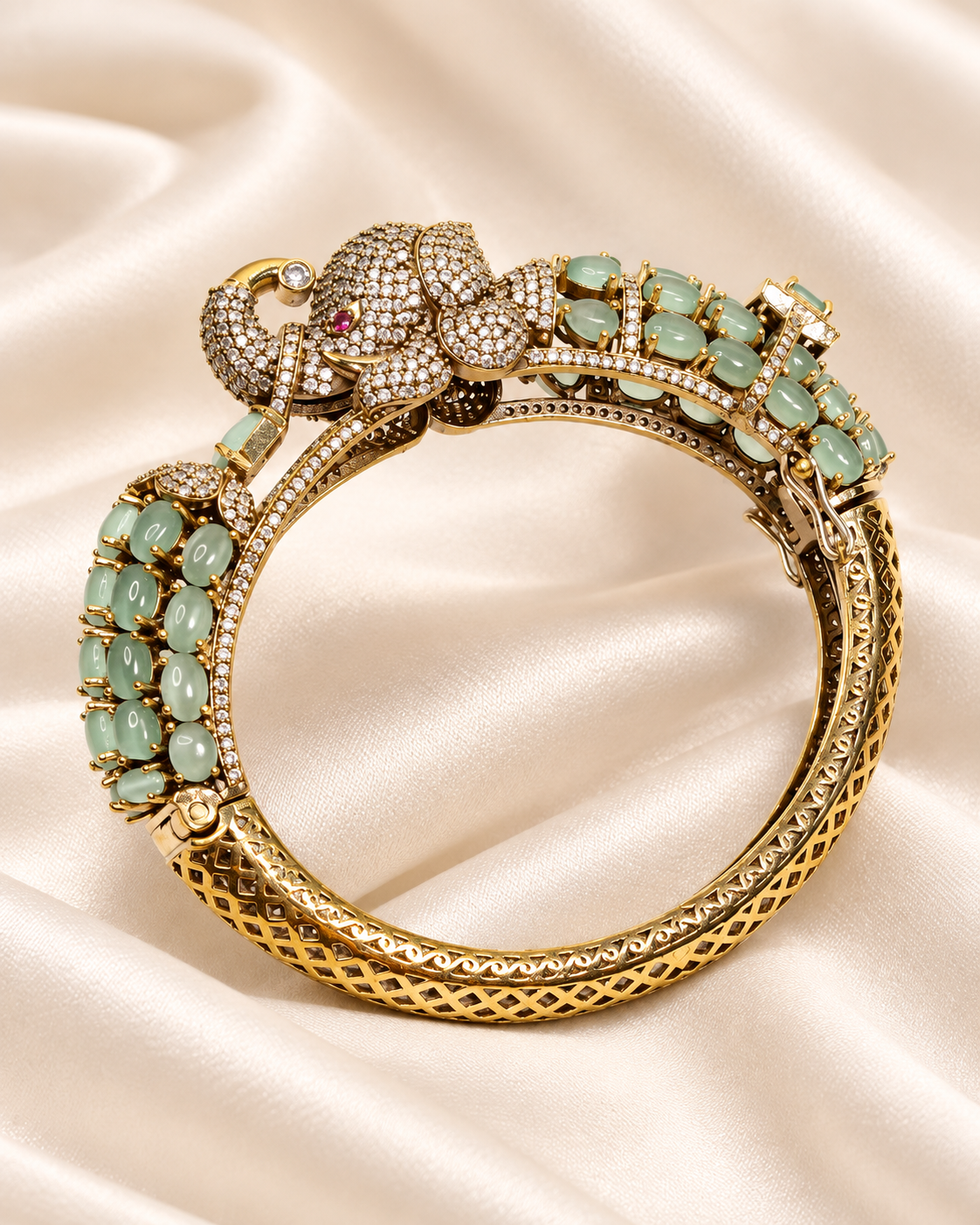 Elephant Motif Stone-Studded Openable Kada - Mint — AI-styled closeup view