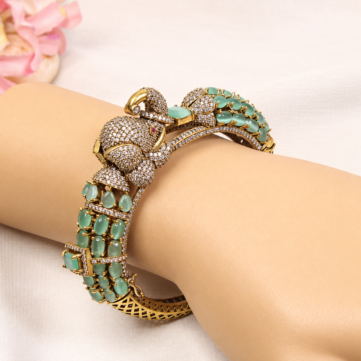 Elephant Motif Stone-Studded Openable Kada - Mint — retouched original photograph IMG_7838