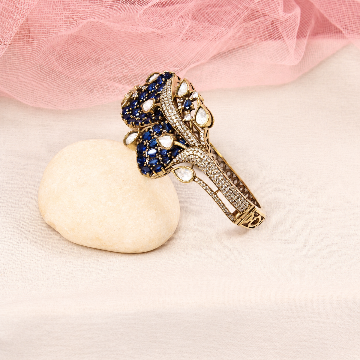 Leaf Motif Stone and Clear Teardrop Kada - Blue — retouched original photograph IMG_7846