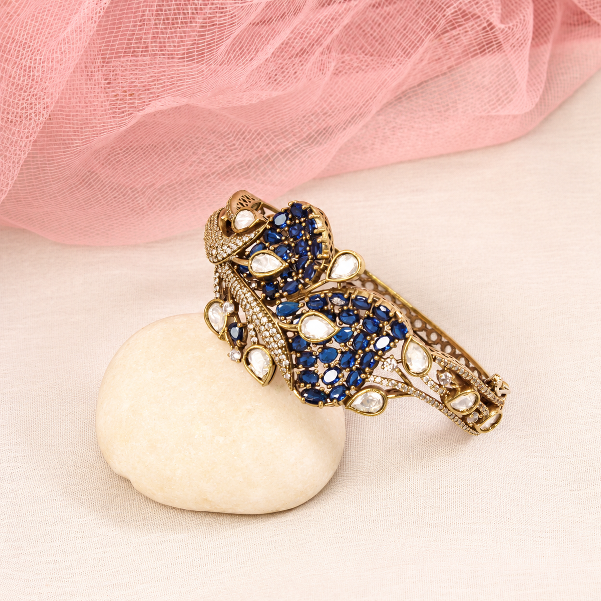 Leaf Motif Stone and Clear Teardrop Kada - Blue — retouched original photograph IMG_7848