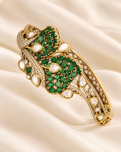 Leaf Motif Stone and Clear Teardrop Kada - Green — AI-styled closeup view