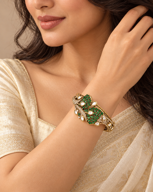 Leaf Motif Stone and Clear Teardrop Kada - Green — AI-styled model view