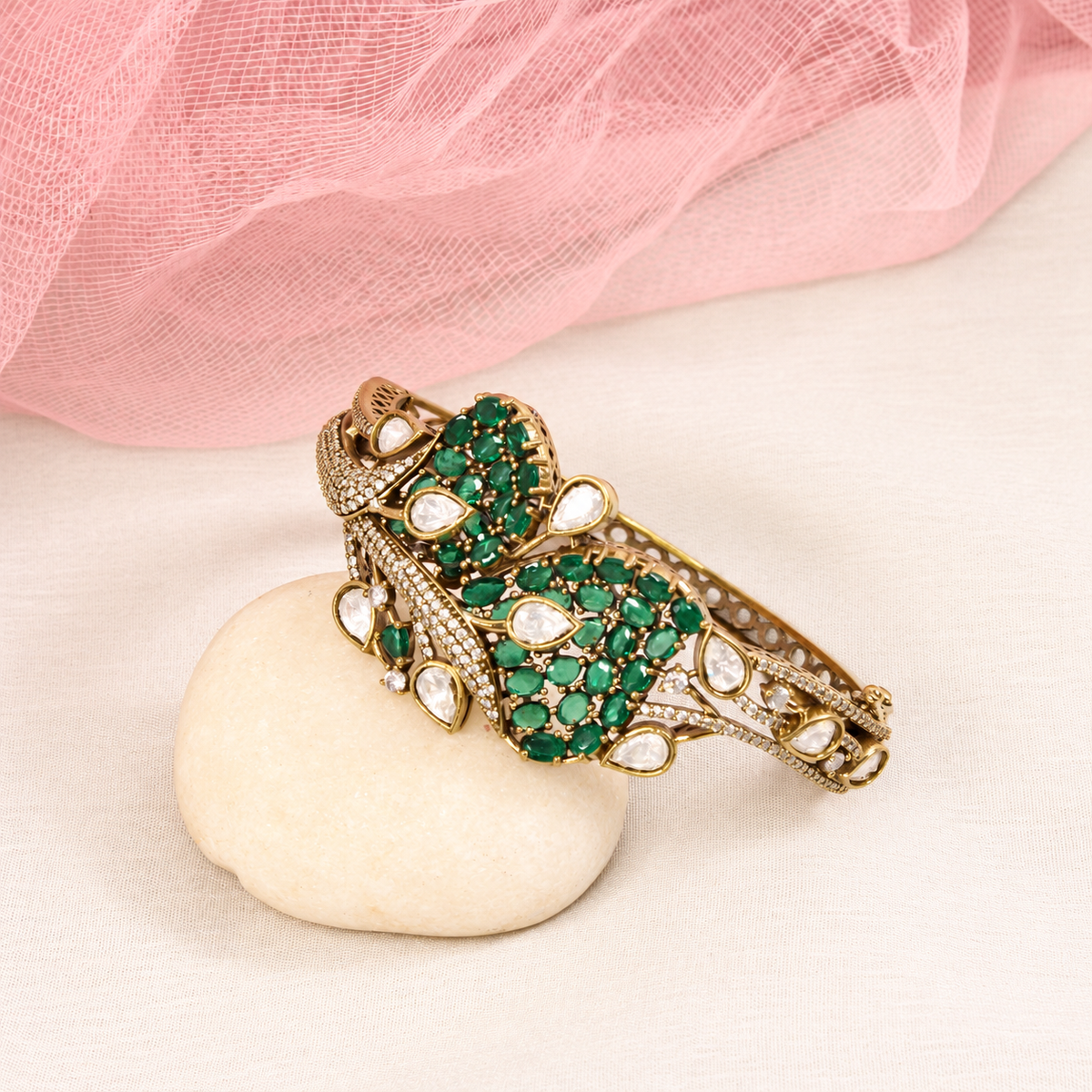 Leaf Motif Stone and Clear Teardrop Kada - Green — retouched original photograph IMG_7849