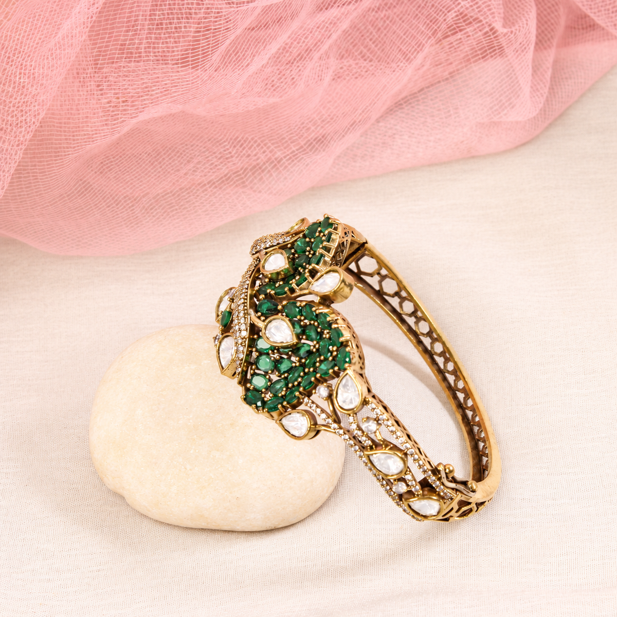 Leaf Motif Stone and Clear Teardrop Kada - Green — retouched original photograph IMG_7850