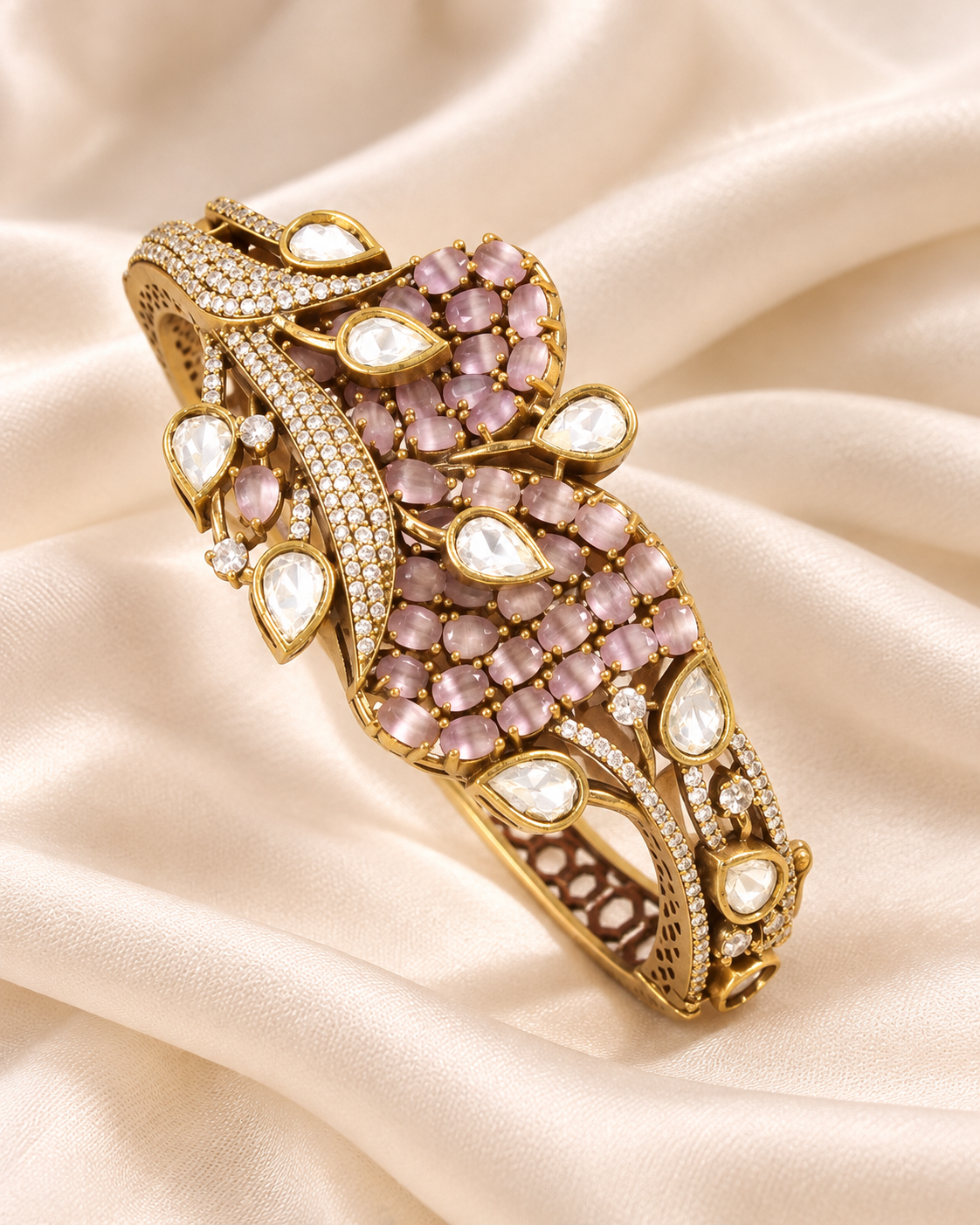 Leaf Motif Stone and Clear Teardrop Kada - Pink — AI-styled closeup view