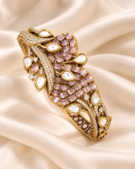 Leaf Motif Stone and Clear Teardrop Kada - Pink — AI-styled closeup view