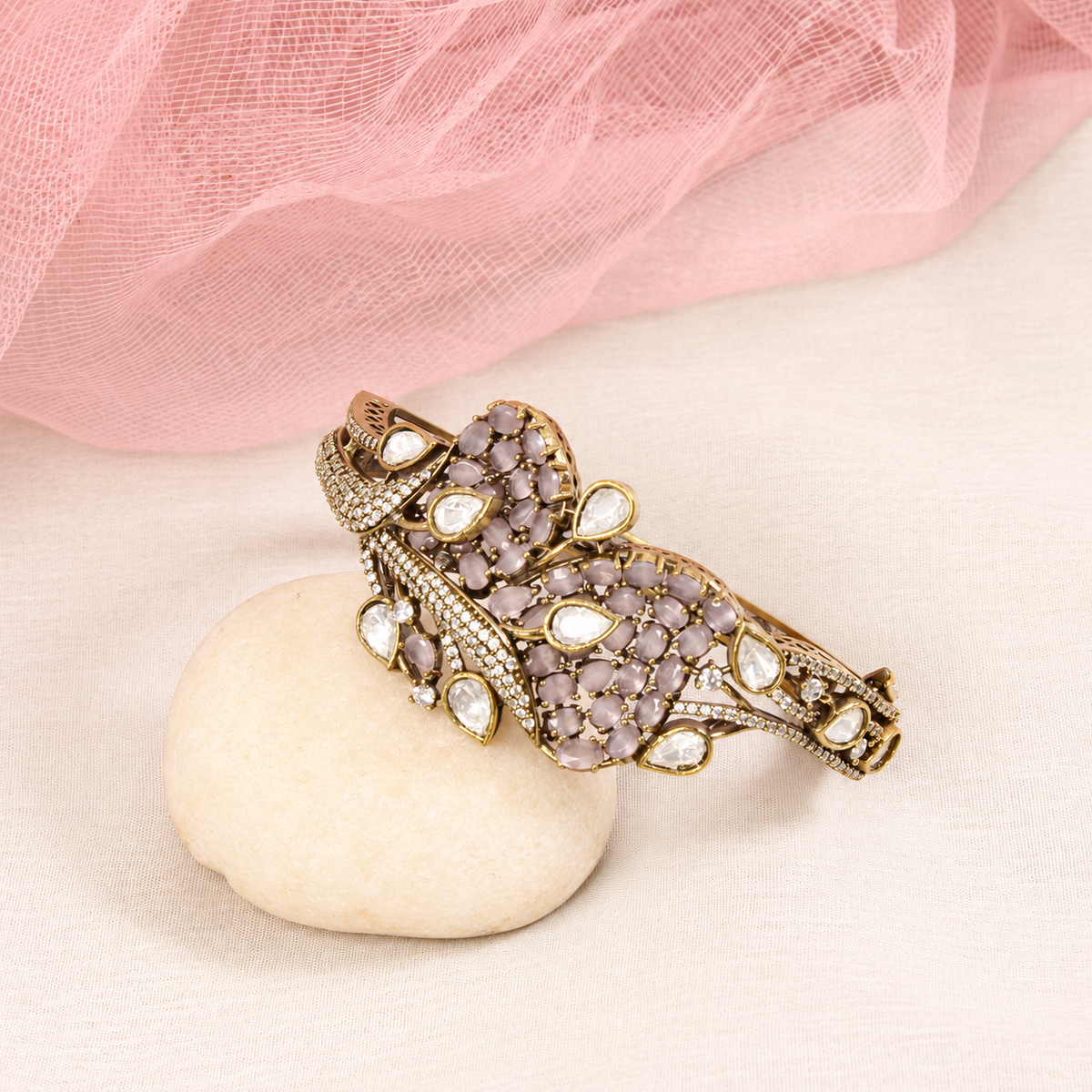 Leaf Motif Stone and Clear Teardrop Kada - Pink — retouched original photograph IMG_7851