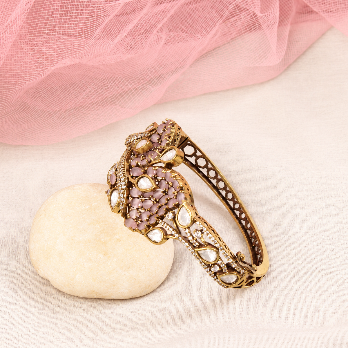 Leaf Motif Stone and Clear Teardrop Kada - Pink — retouched original photograph IMG_7852