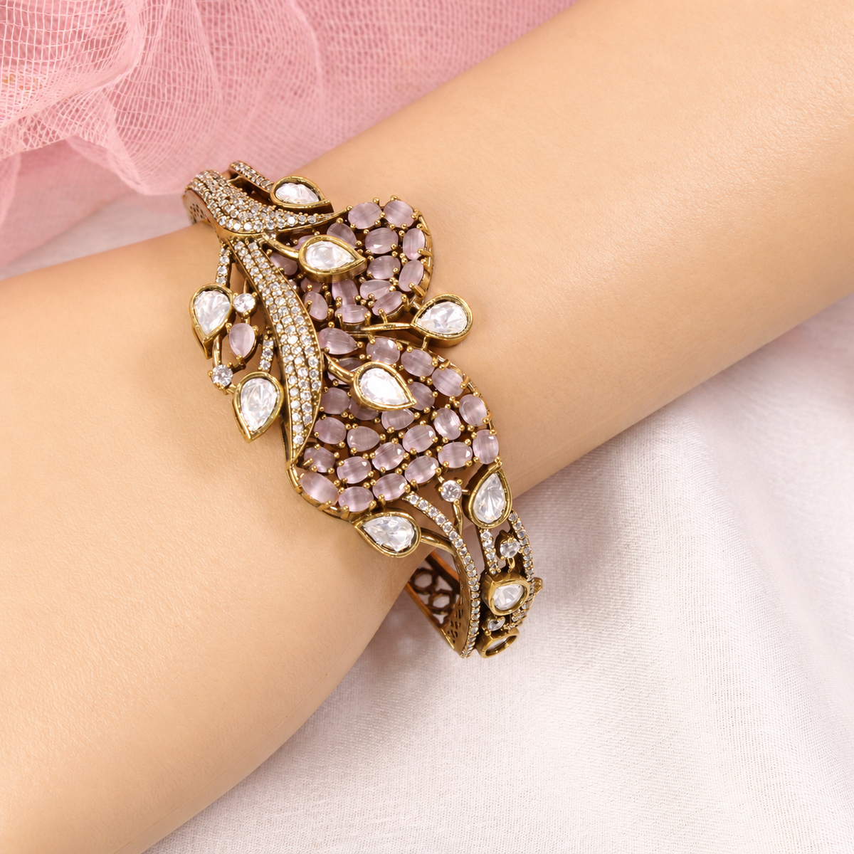 Leaf Motif Stone and Clear Teardrop Kada - Pink — retouched original photograph IMG_7881