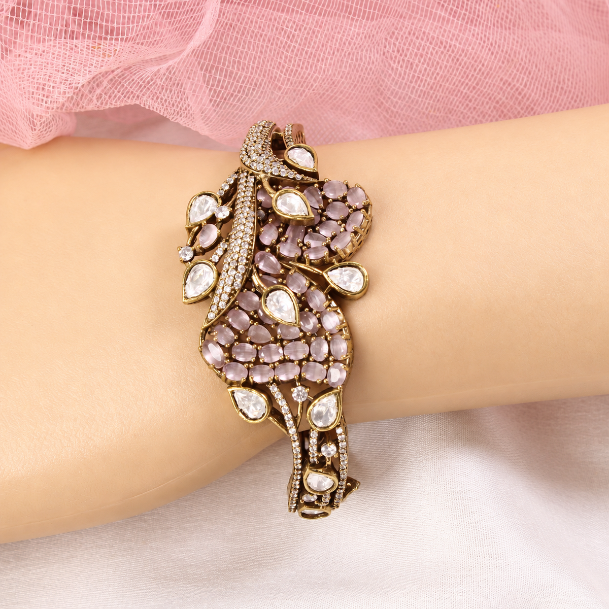 Leaf Motif Stone and Clear Teardrop Kada - Pink — retouched original photograph IMG_7882