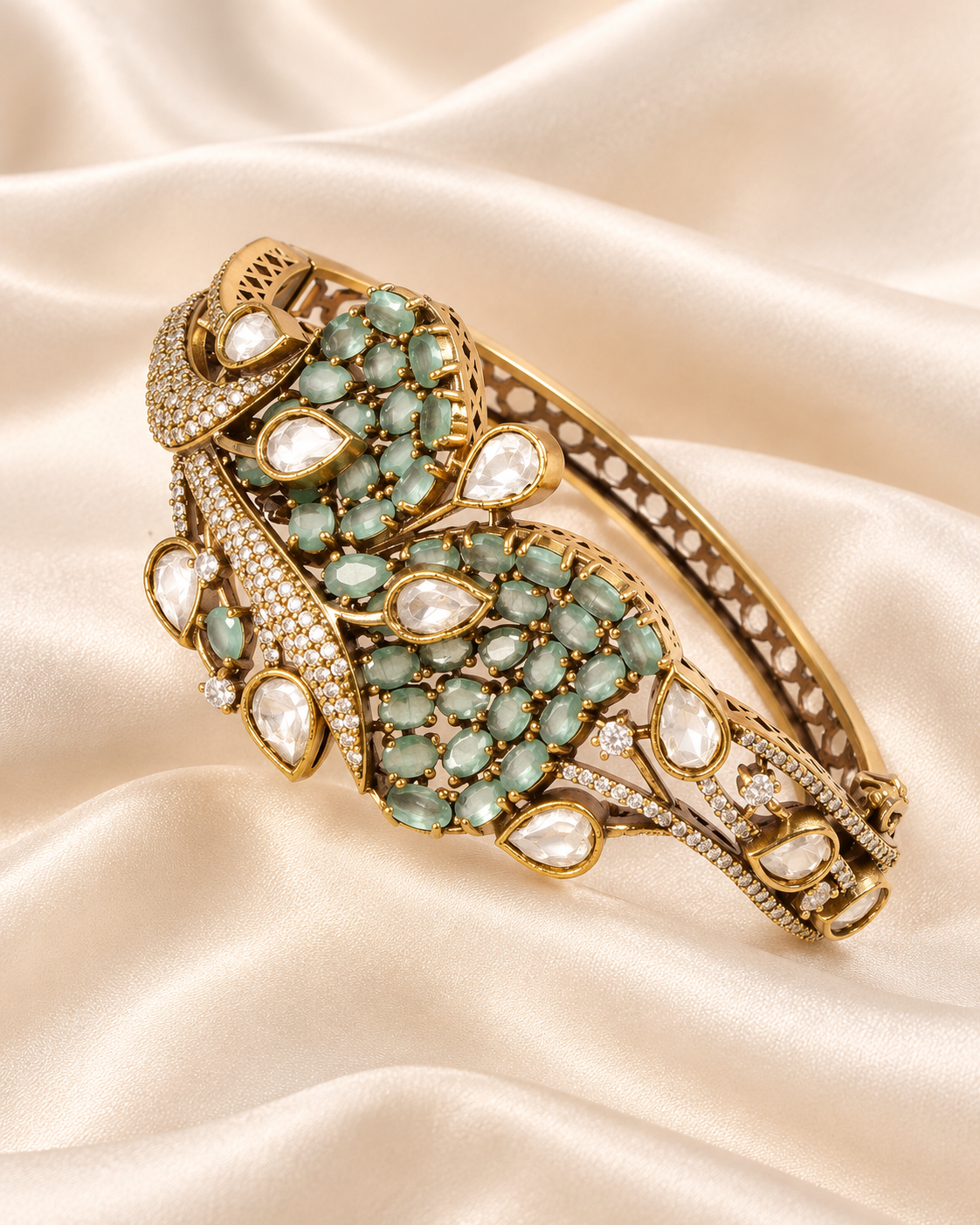 Leaf Motif Stone and Clear Teardrop Kada - Mint — AI-styled closeup view