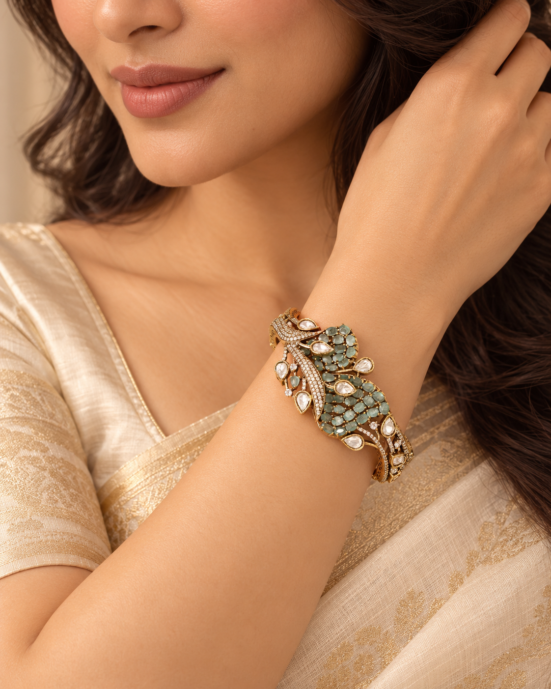 Leaf Motif Stone and Clear Teardrop Kada - Mint — AI-styled model view