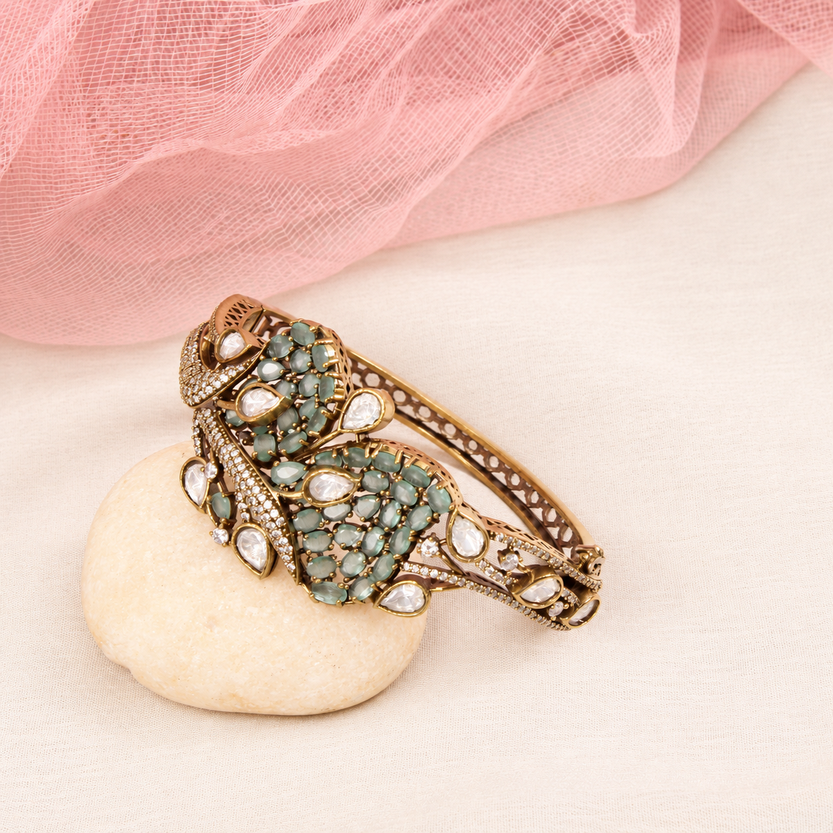 Leaf Motif Stone and Clear Teardrop Kada - Mint — retouched original photograph IMG_7853