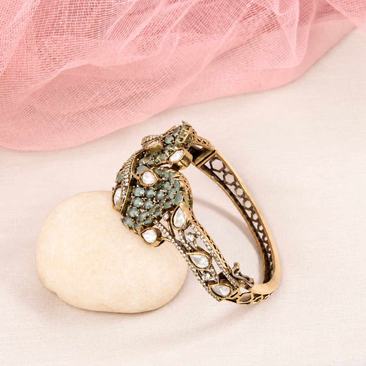 Leaf Motif Stone and Clear Teardrop Kada - Mint — retouched original photograph IMG_7854