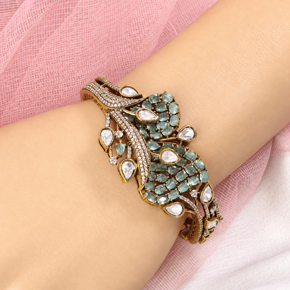 Leaf Motif Stone and Clear Teardrop Kada - Mint — retouched original photograph IMG_7885