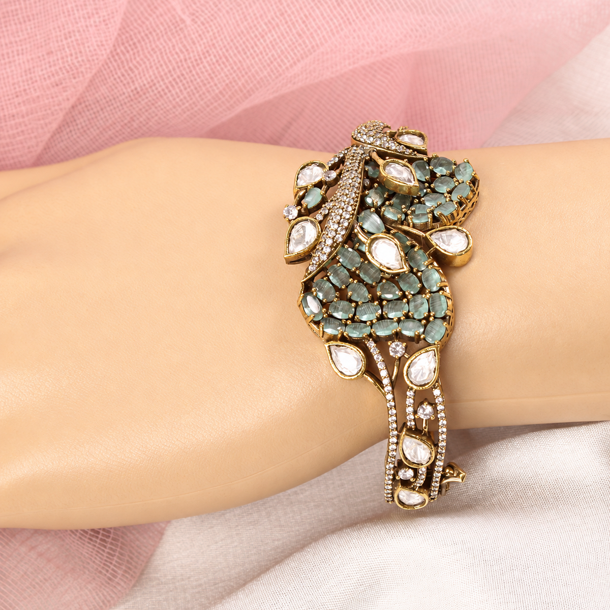 Leaf Motif Stone and Clear Teardrop Kada - Mint — retouched original photograph IMG_7886