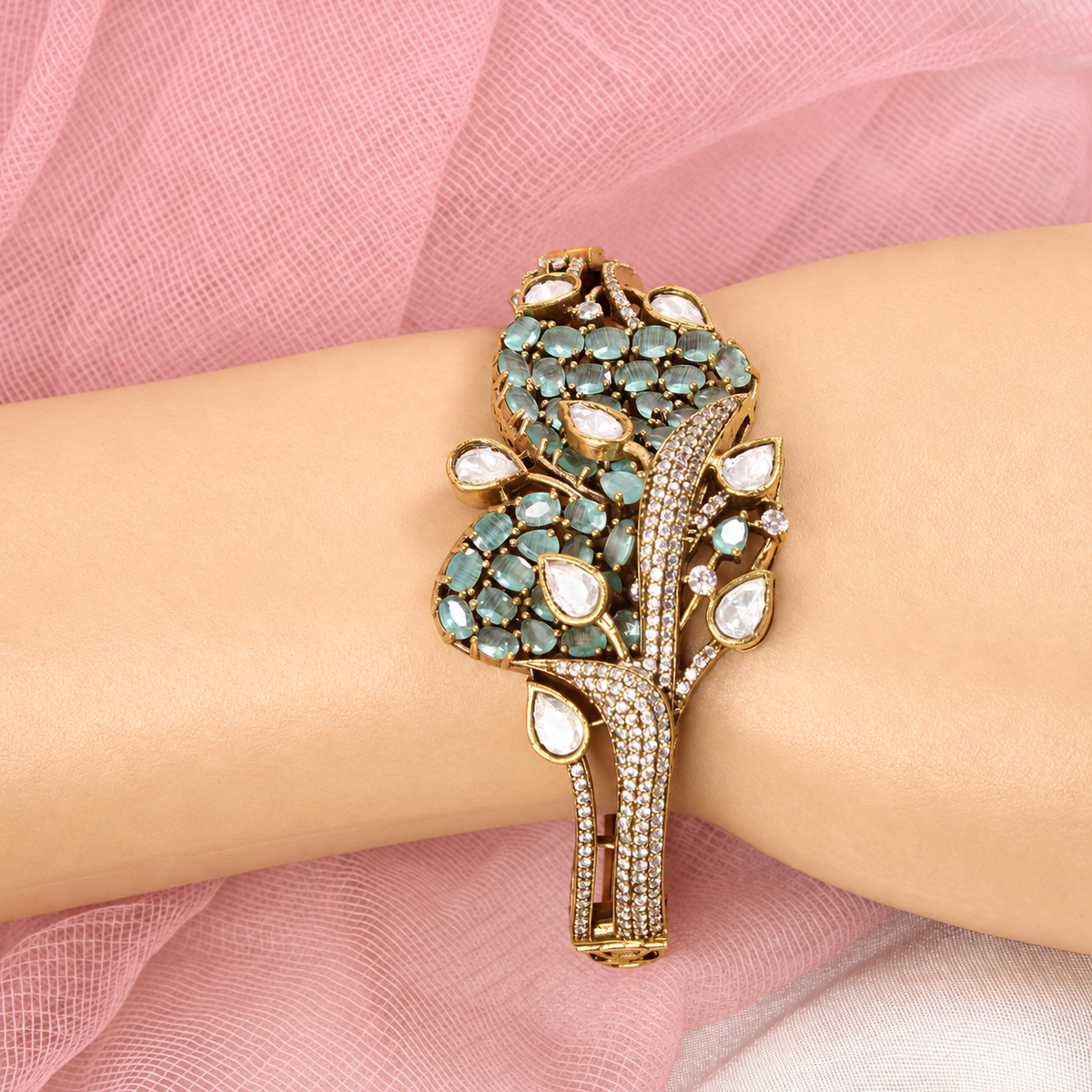 Leaf Motif Stone and Clear Teardrop Kada - Mint — retouched original photograph IMG_7887