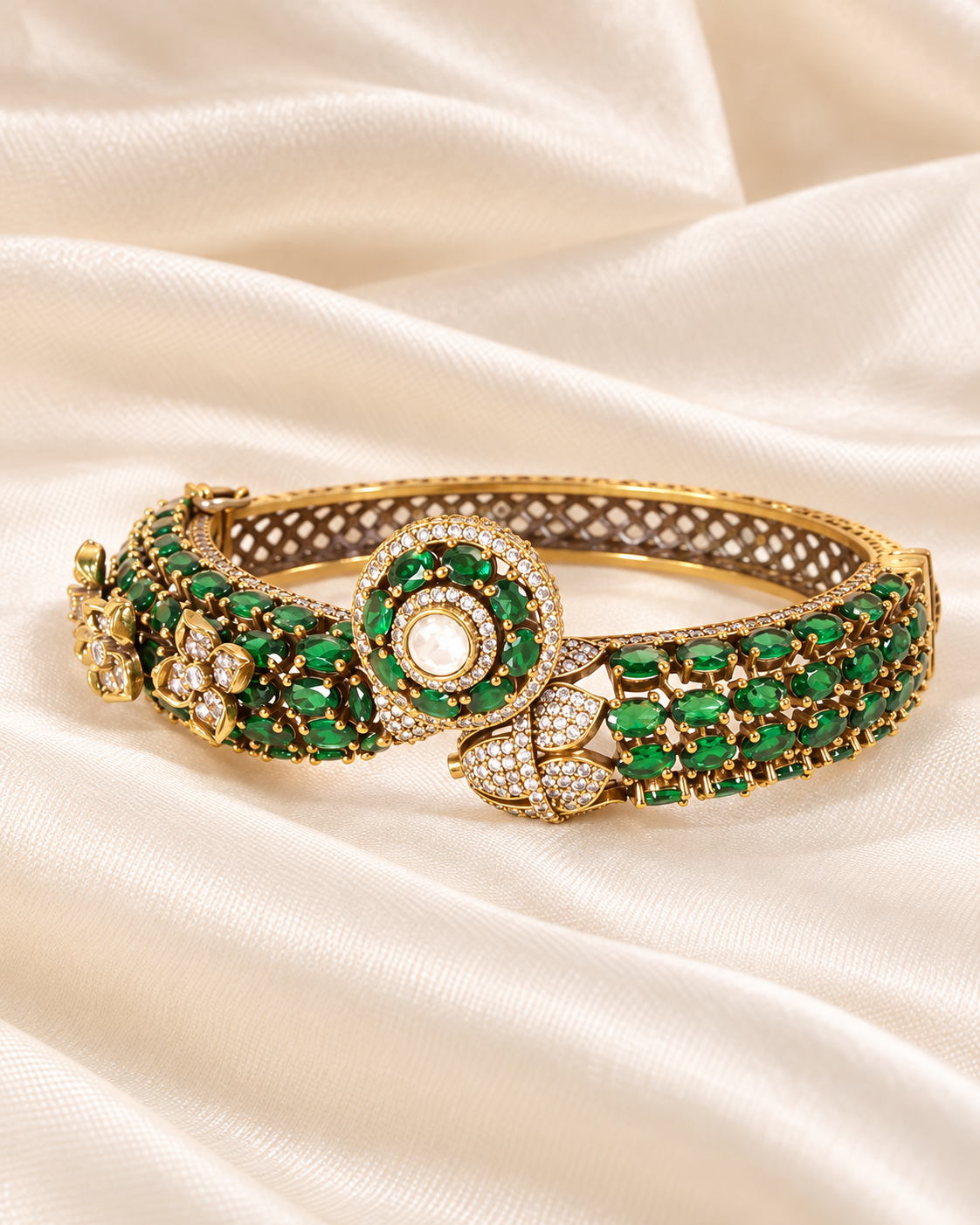 Round Medallion Floral Stone Kada - Green — AI-styled closeup view