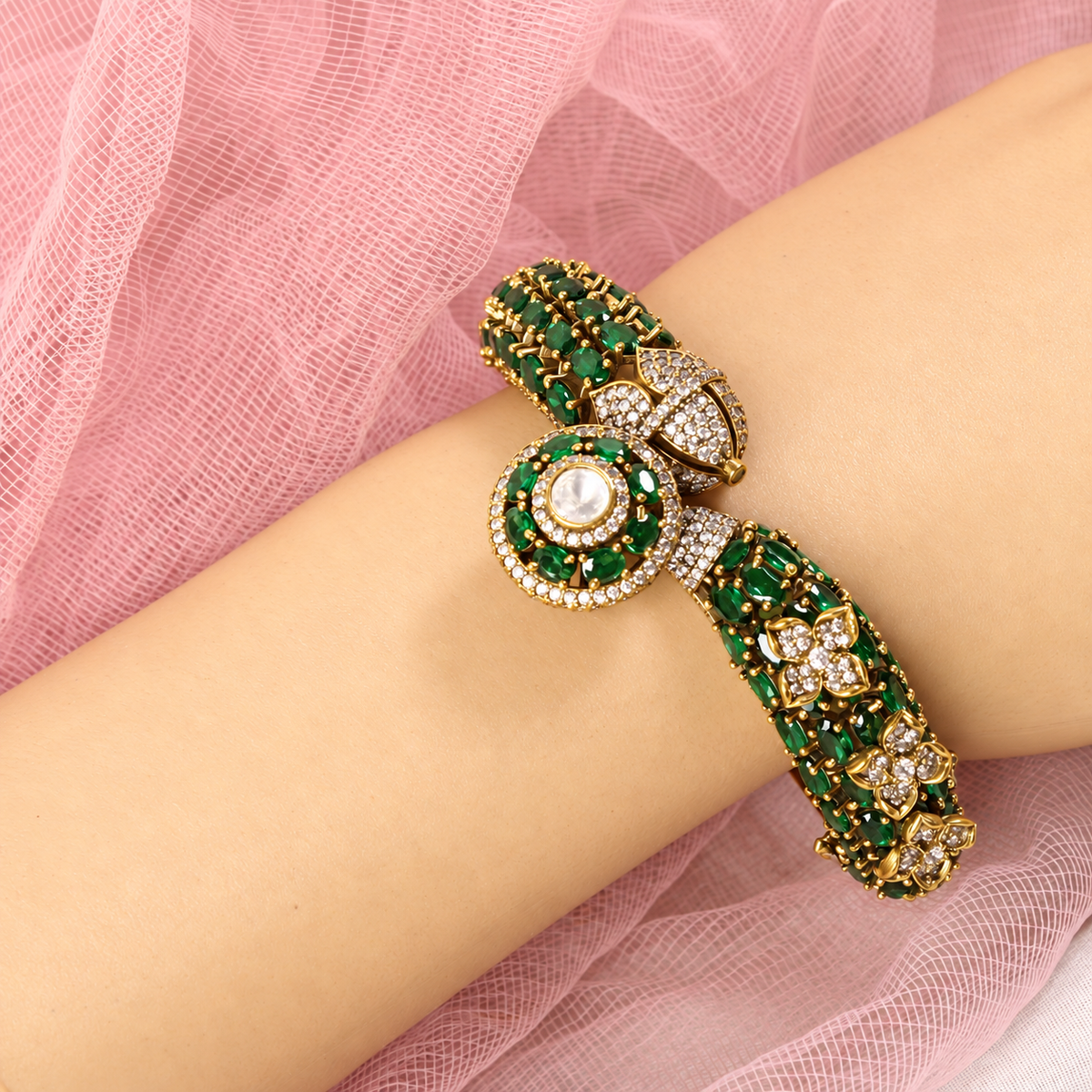 Round Medallion Floral Stone Kada - Green — retouched original photograph IMG_7876