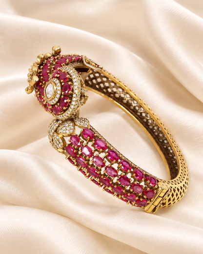 Round Medallion Floral Stone Kada - Ruby — AI-styled closeup view