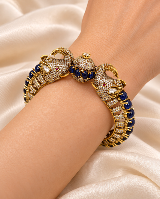 Twin Elephant Stone Openable Kada - Blue - closeup view