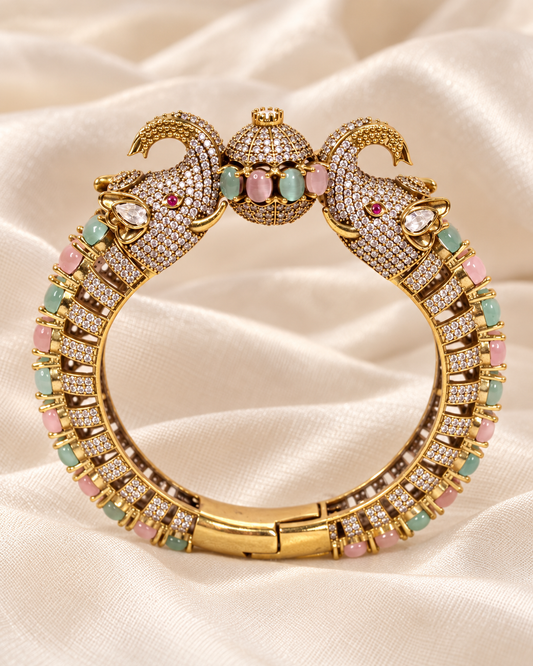 Twin Elephant Stone Openable Kada - Pink and Mint - closeup view