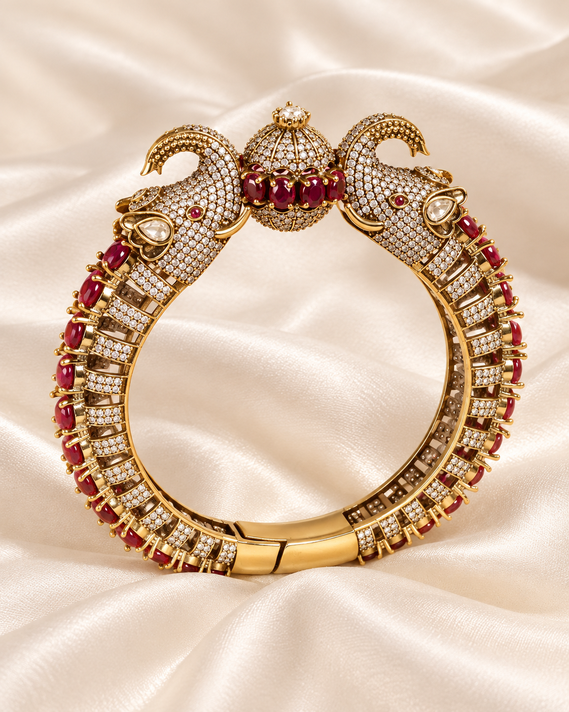 Twin Elephant Stone Openable Kada - Ruby - closeup view