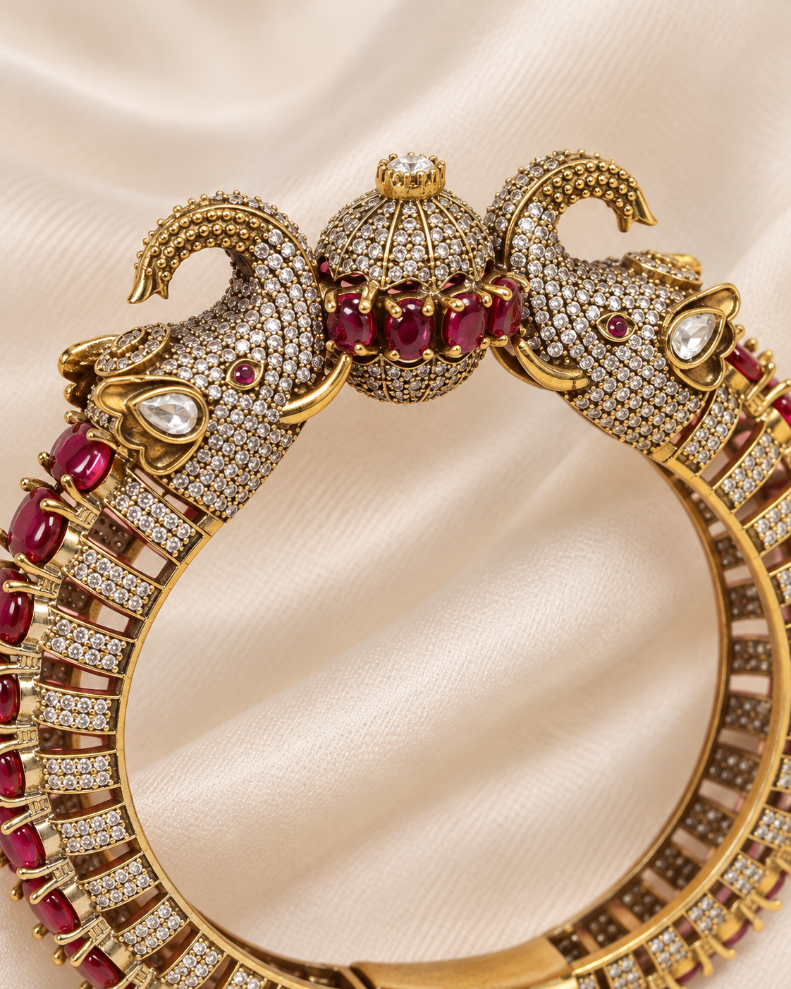 Twin Elephant Stone Openable Kada - Ruby - ornament detail
